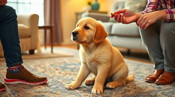 Cute puppy sitting and learning basic commands at home