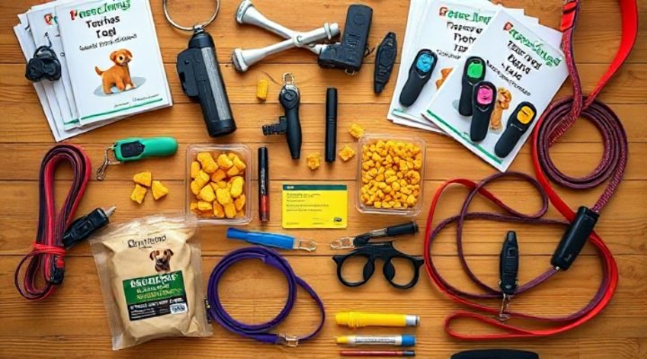 Various dog training tools and equipment laid out on a table