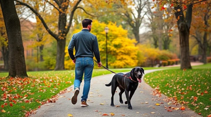 A Labrador walking calmly on a leash in a beautiful park