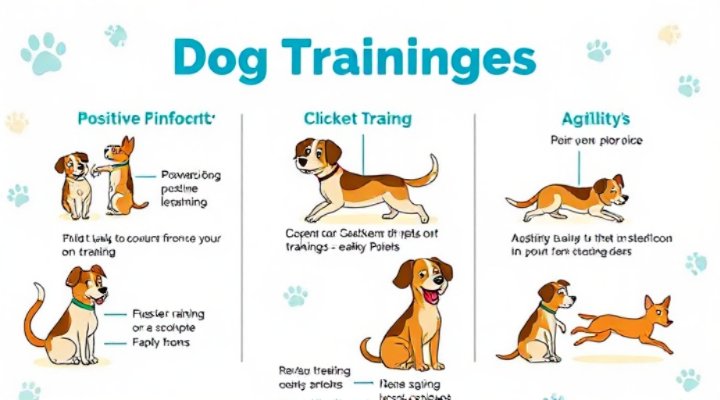 Infographic showing various dog training methods like positive reinforcement and clicker training