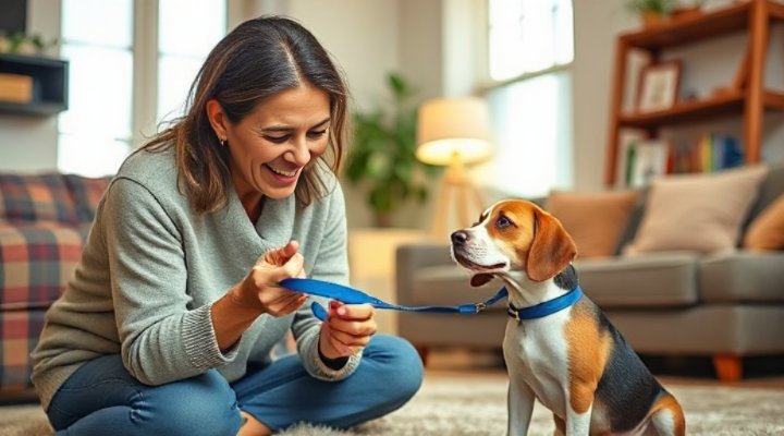 A woman gently introducing a leash to a small dog in a home setting