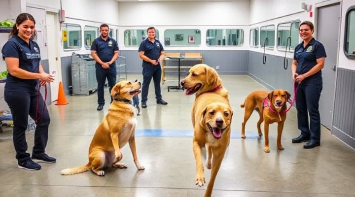 A clean, well-organized dog training facility with happy dogs and trainers
