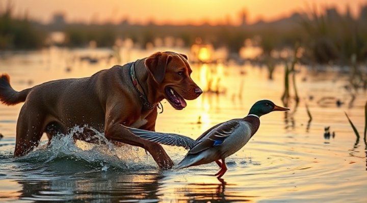 A hunting dog retrieving a duck in a marsh