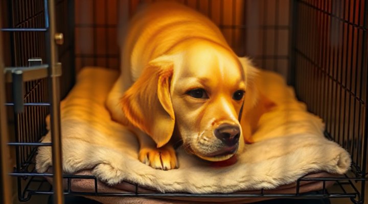 Adult dog sniffing and exploring a comfortable crate