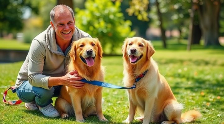 A joyful golden retriever sitting obediently next to its owner during a training session