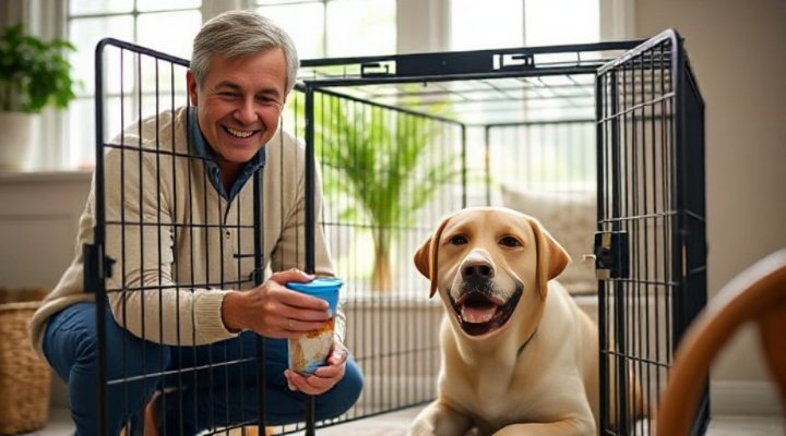 Owner encouraging dog to enter crate with treats