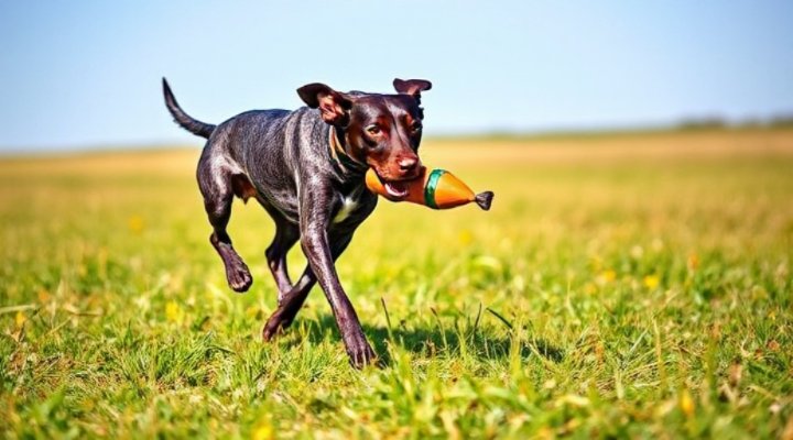 A hunting dog practicing retrieval with a dummy