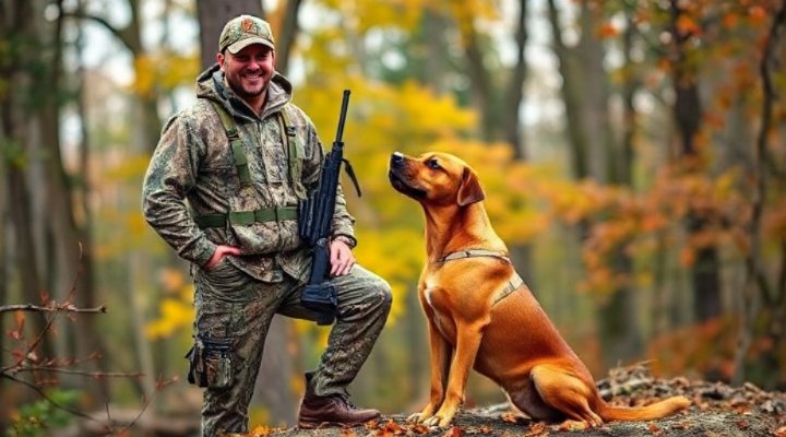A happy hunter with his well-trained hunting dog
