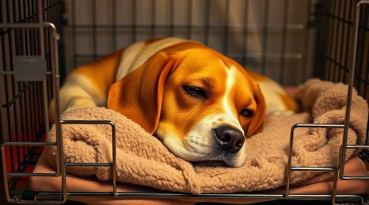 Adult dog resting peacefully inside crate