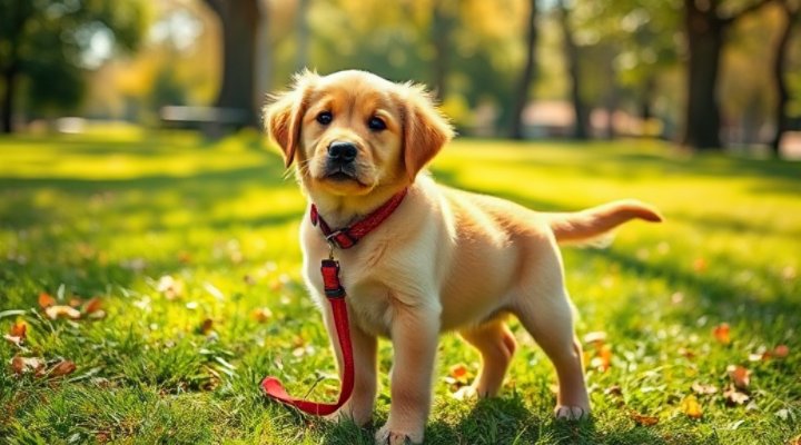 A golden retriever puppy wearing a red leash, looking curious and excited