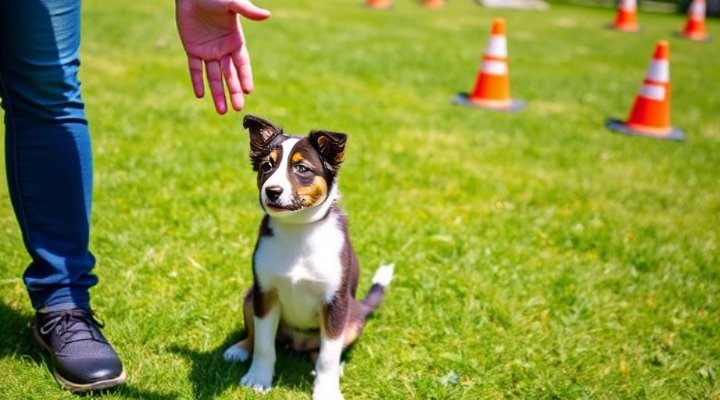 Puppy practicing stay command with owner