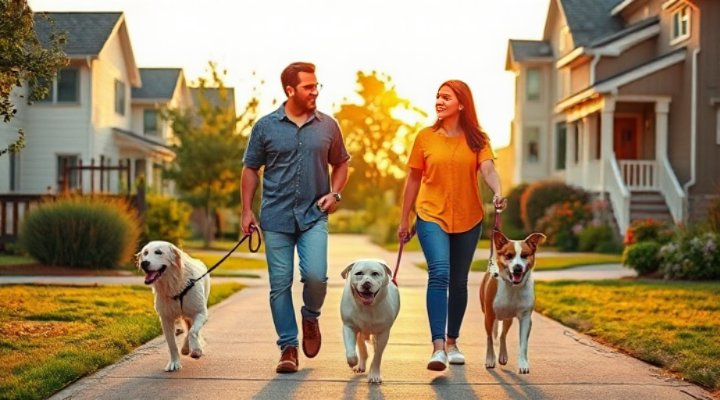 A happy family walking their dogs on leashes together