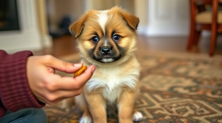 An adorable puppy learning commands with positive reinforcement using treats