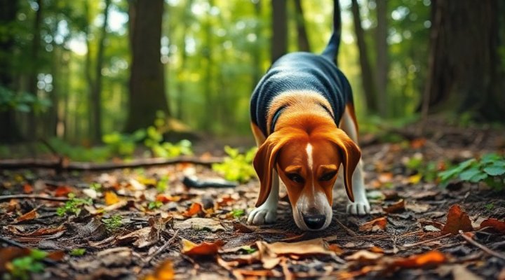 A hunting dog learning scent tracking in the woods