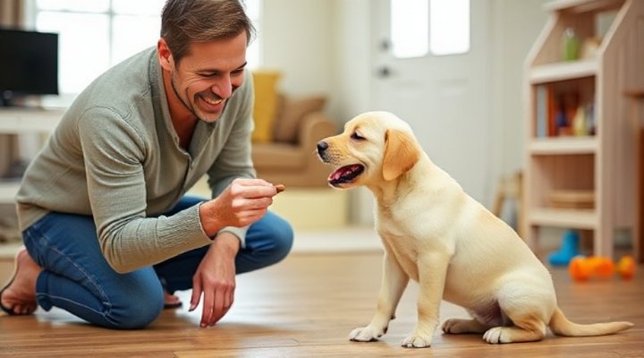 Owner rewarding puppy with treats during training