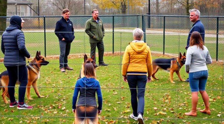 Group training session with multiple German Shepherds and their owners