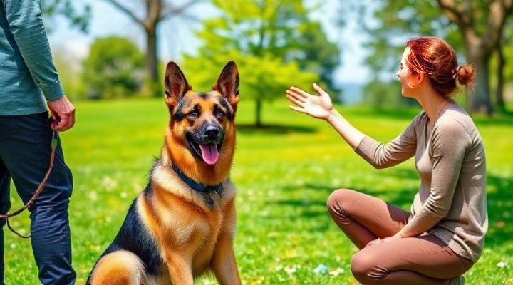 A German Shepherd dog working with a professional trainer in a park setting