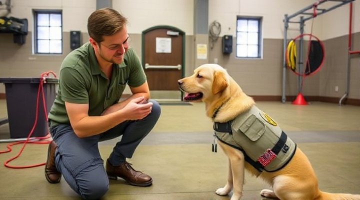 A professional trainer working with a service dog in a training facility