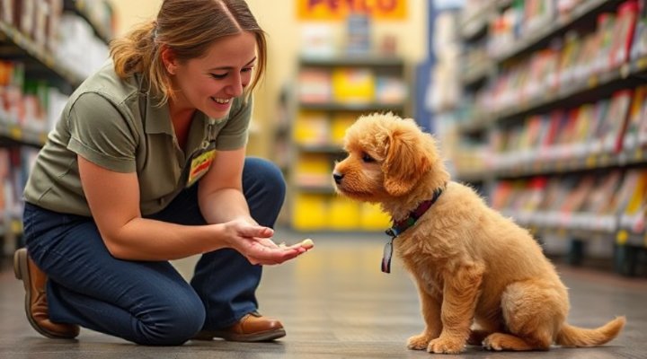A professional Petco trainer teaching basic commands to an adorable puppy