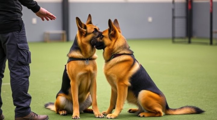 German Shepherd performing obedience commands with a trainer
