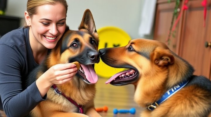 Trainer using positive reinforcement with a German Shepherd