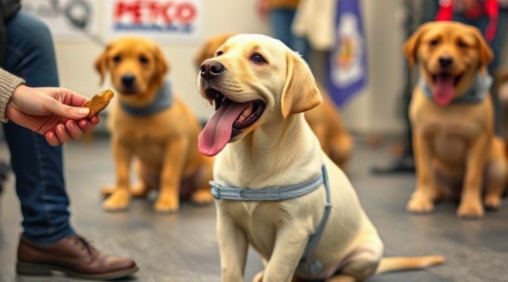 Cute Labrador puppy learning the sit command during Petco obedience training