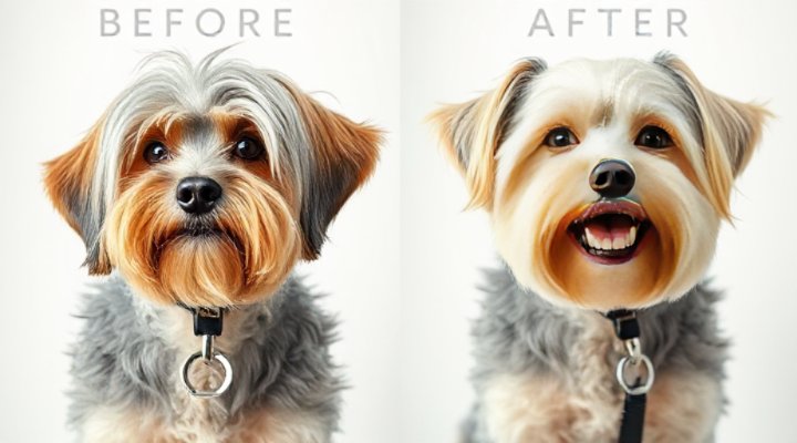 Before and after dog grooming transformation