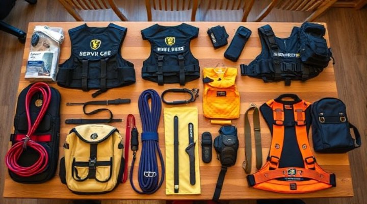 Various service dog gear and equipment laid out on a table