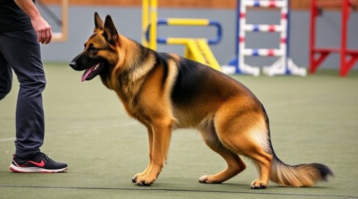 German Shepherd performing advanced obedience exercises with trainer