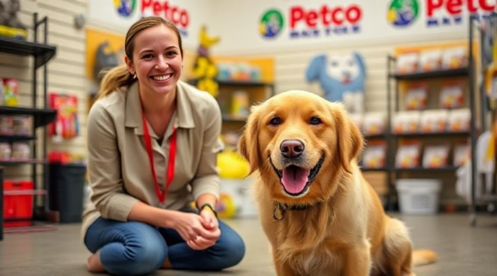 A cheerful golden retriever sitting next to a friendly trainer during a Petco obedience training session