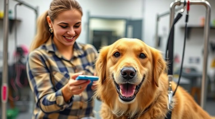 Professional dog groomer training a golden retriever