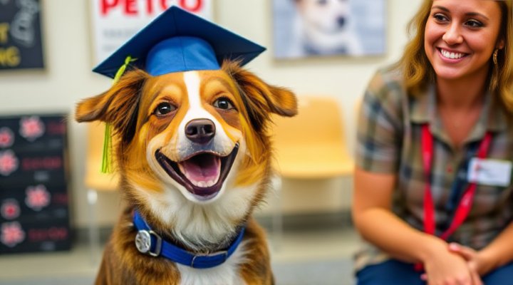 Excited dog wearing a graduation cap after completing Petco obedience training