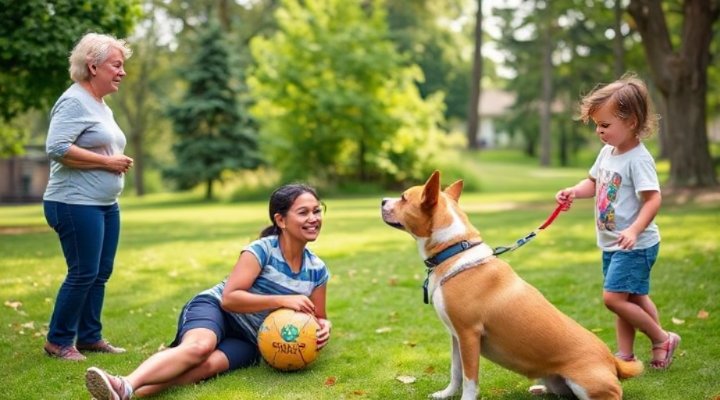 A family practicing obedience commands with their dog after Petco training