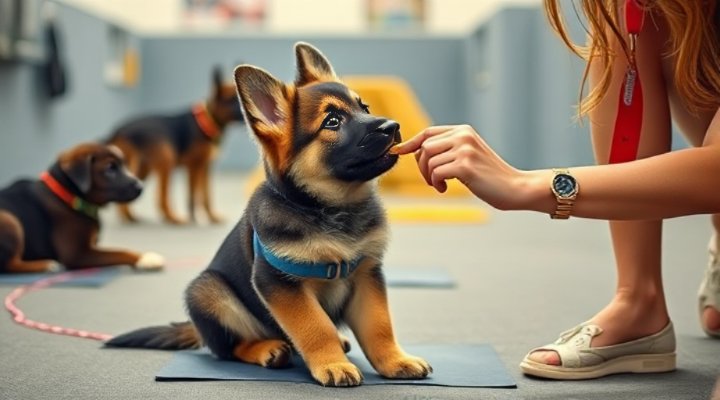 A cute German Shepherd puppy learning basic commands with a trainer