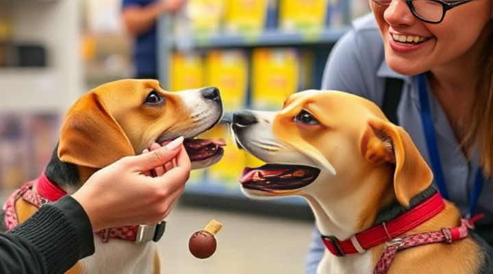 A beagle happily receiving a treat during Petco obedience training