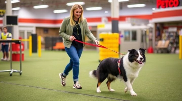 Professional Petco trainer demonstrating proper leash walking techniques