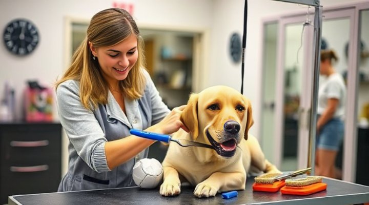 Groomer demonstrating brushing techniques to dog owner