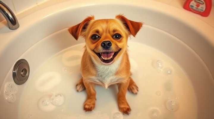 Small dog happily sitting in a bathtub during grooming