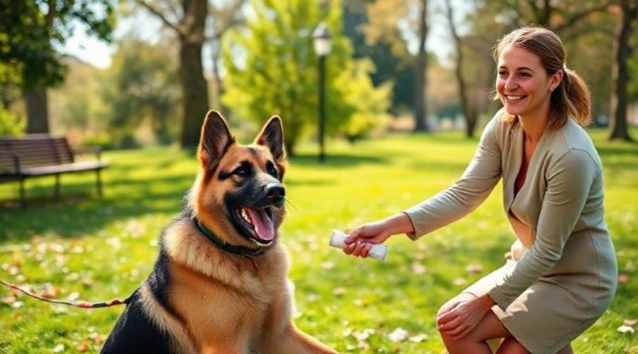 German Shepherd playing with a professional trainer in a park