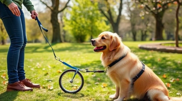A service dog in training with a handler practicing commands in a park