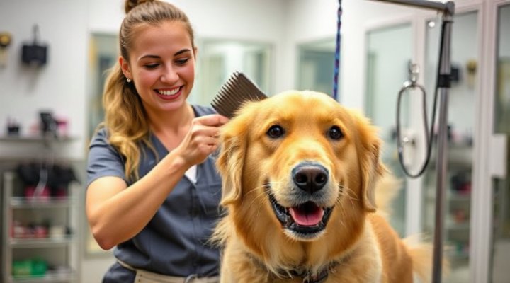 Professional dog groomer brushing a golden retriever