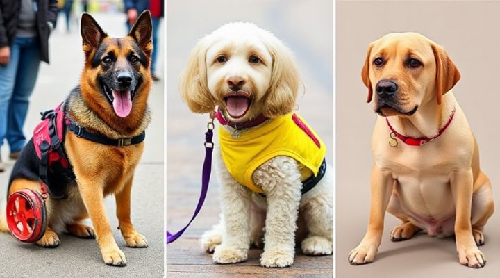 Various service dogs performing different tasks