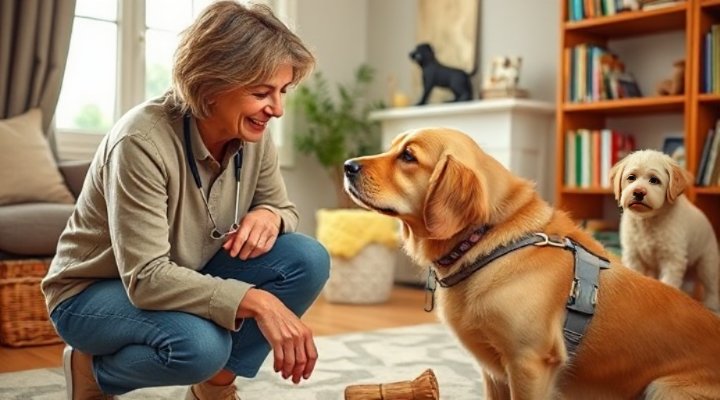 Dog psychologist consulting with a golden retriever