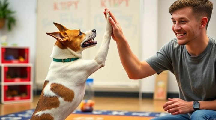Excited dog giving high-five during training session