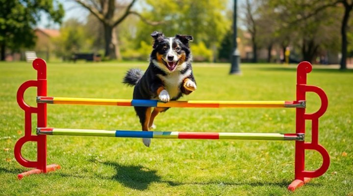 A joyful Border Collie jumping over an agility hurdle in a sunny park