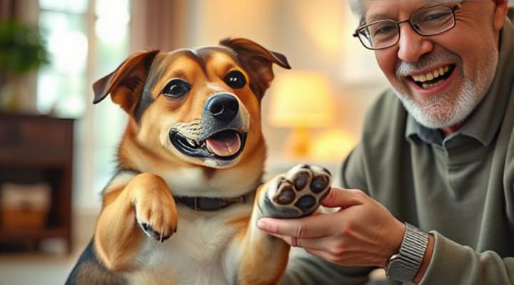 Dog learning to shake hands or give paw command
