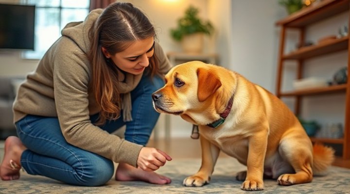 Owner comforting a dog showing signs of stress