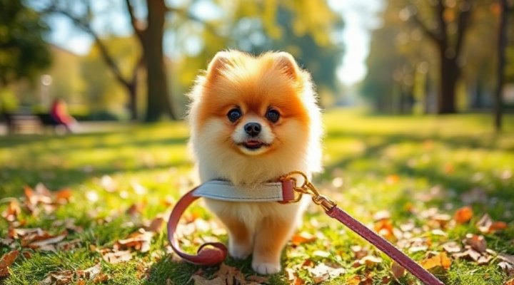 Small breed puppy walking with a leash
