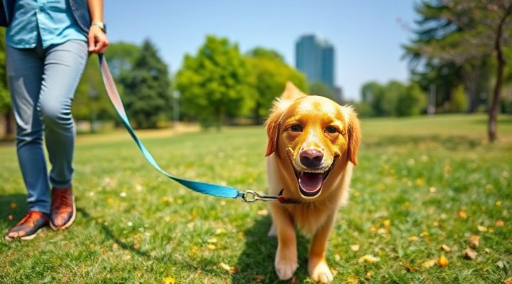 A happy golden retriever walking on a leash with its owner