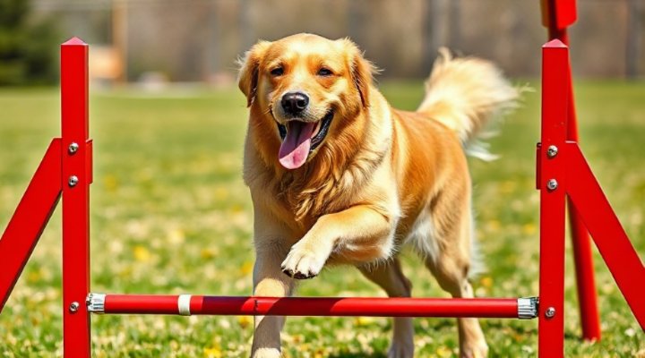 Golden Retriever confidently descending the A-frame agility obstacle